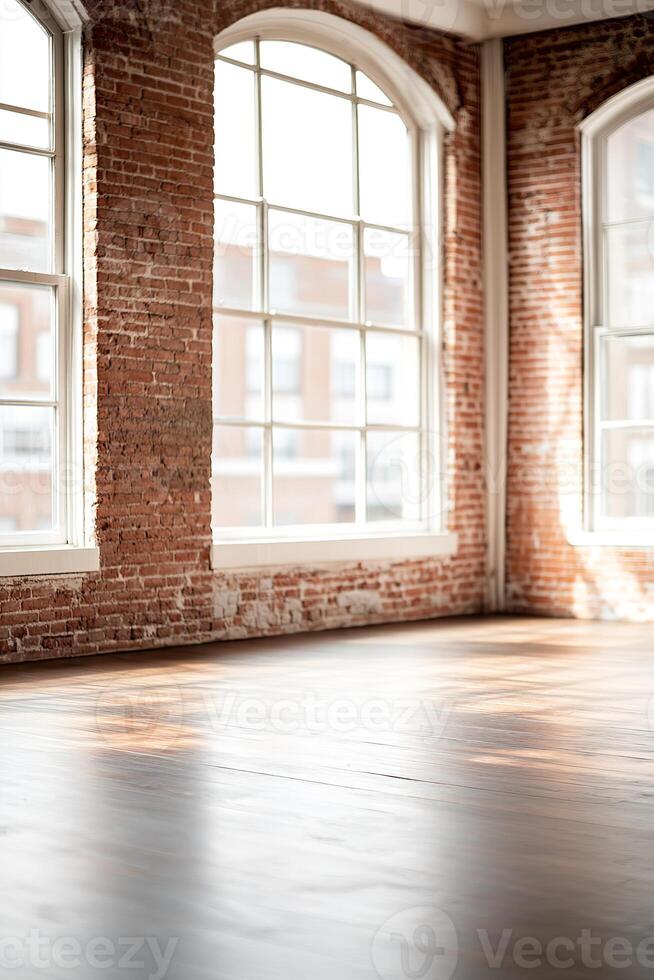 Bright and airy room featuring a rustic red brick accent wall and dark hardwood flooring. Large industrial windows allow natural light to illuminate the space, creating a stylish backdrop photo
