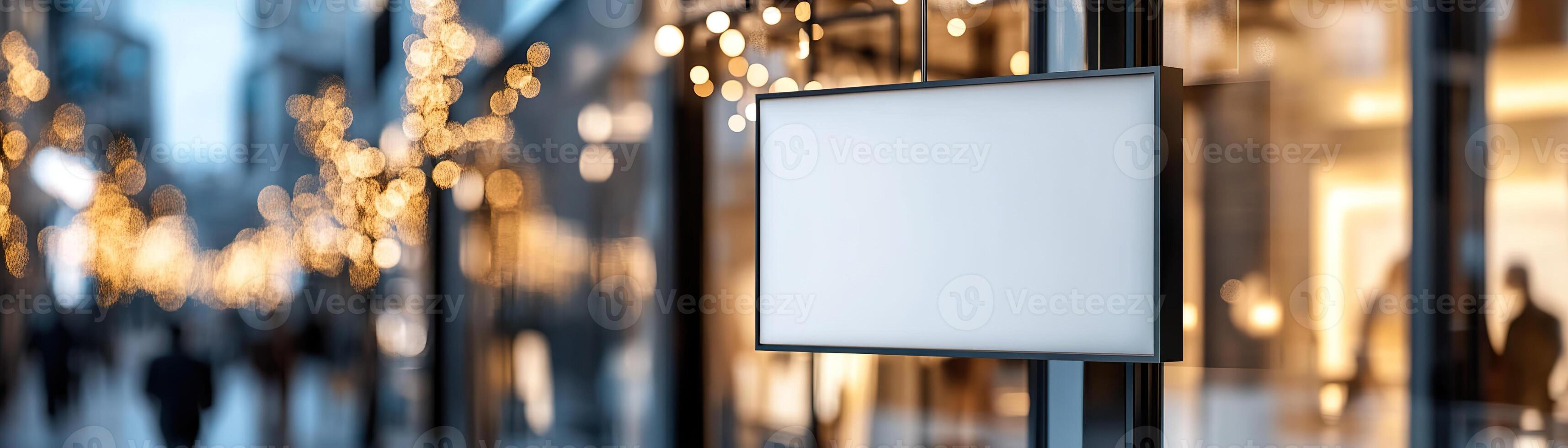A sleek blank signboard is mounted above a glass entrance of a modern retail store in a fashionable shopping district, with pedestrians strolling by in the background photo