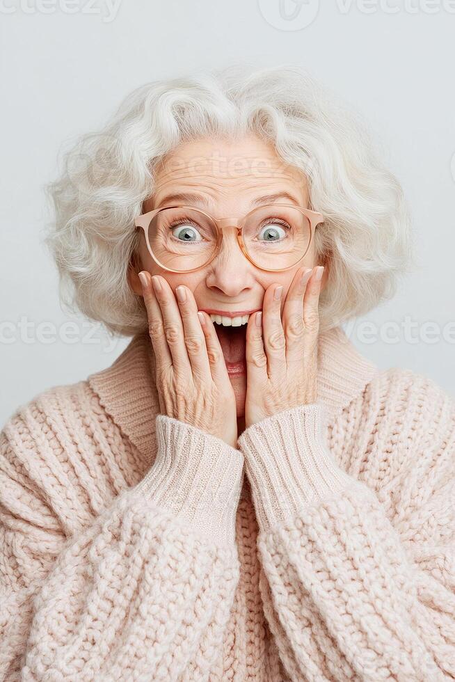 An expressive senior woman with trendy glasses joyfully covers her mouth in laughter. She wears a soft cardigan and is set against a simple light gray background that enhances her playful mood photo