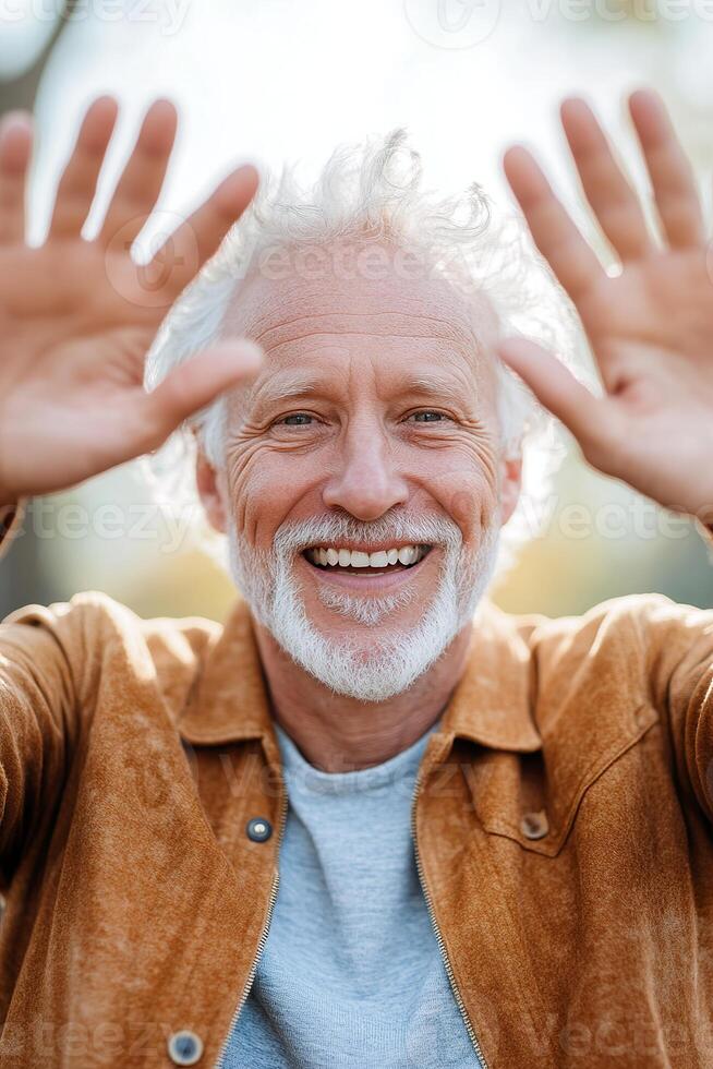 A senior man with white hair and a big smile expresses playful shock with his hands raised in a warm outdoor park. This cheerful display radiates positivity and invites engagement photo