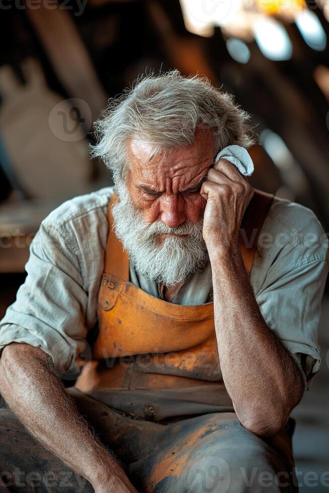 Seated on a wooden bench, an elderly blacksmith wipes sweat from his brow, his hammer resting beside him in a warm, nostalgic workshop filled with relics of craftsmanship photo