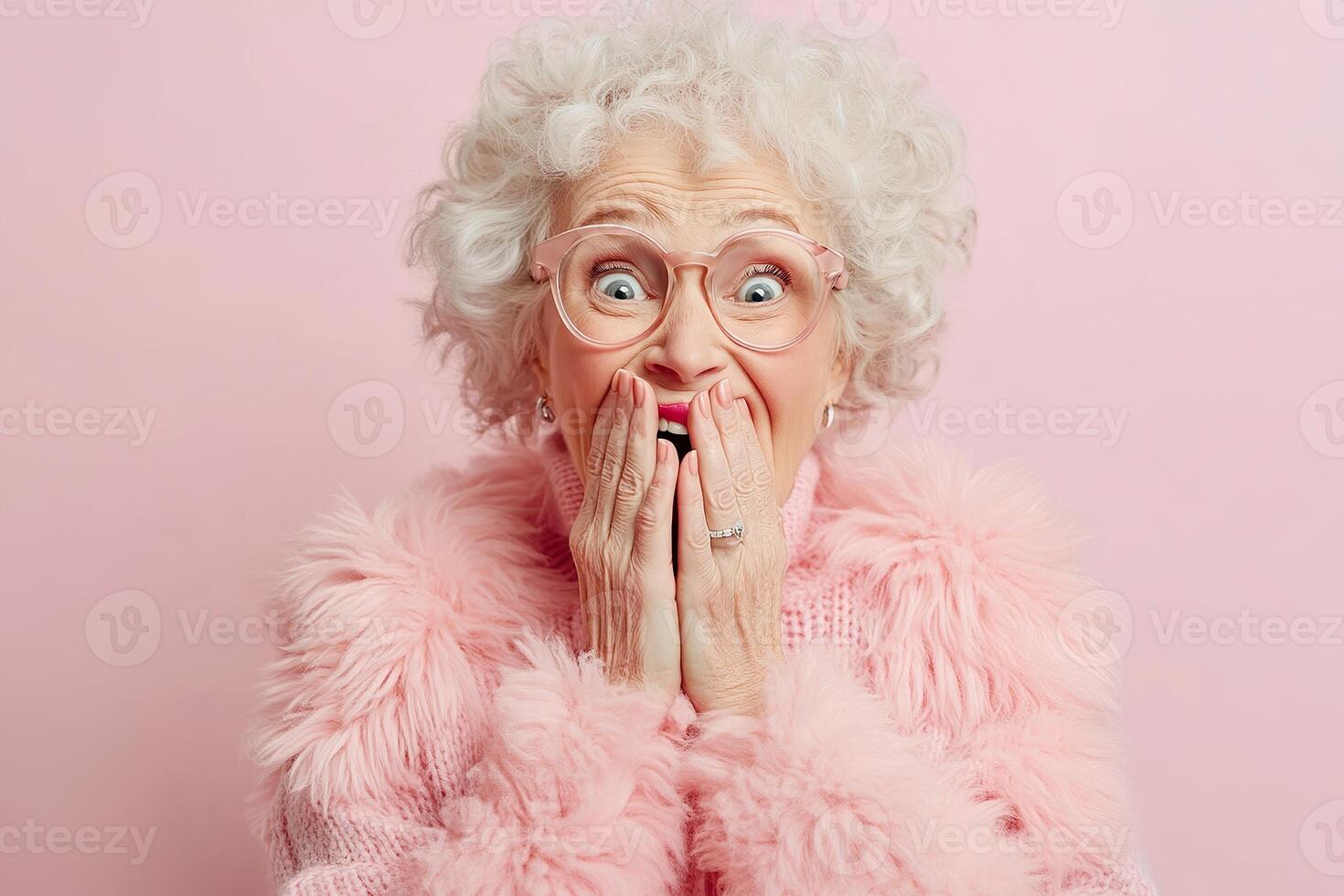 An expressive senior woman with curly white hair is laughing joyfully, covering her mouth in shock while wearing stylish glasses and a soft cardigan. The light gray background adds a dynamic touch photo