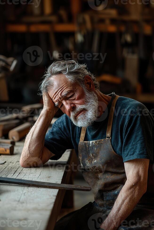 An elderly blacksmith sits on a wooden bench, wiping sweat from his brow. Warm light illuminates his rustic workshop, filled with old tools and the spirit of craftsmanship photo