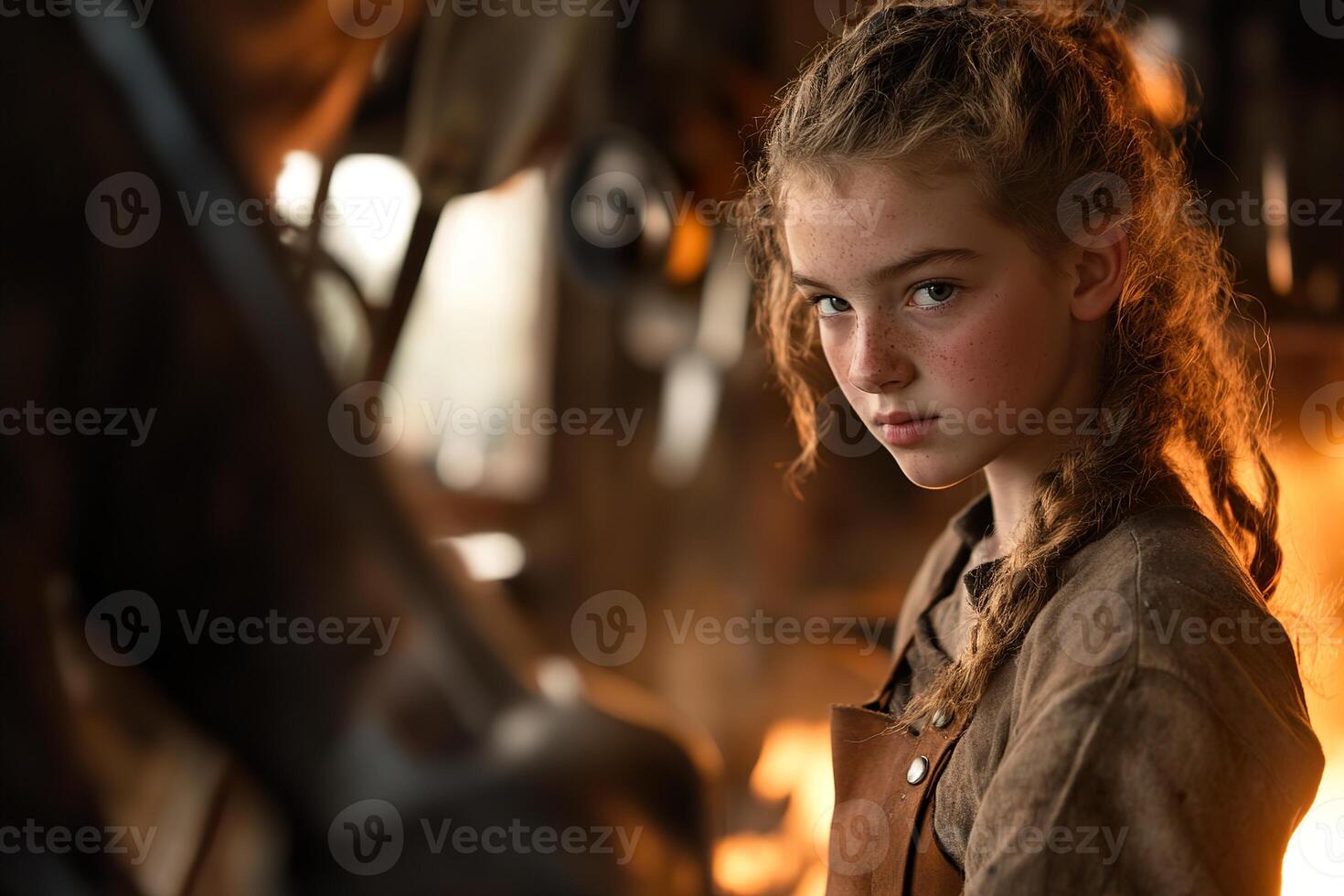 A young apprentice in a leather apron intently watches a master blacksmith at work, with warm light and tools surrounding them in a nostalgic, historic atmosphere photo