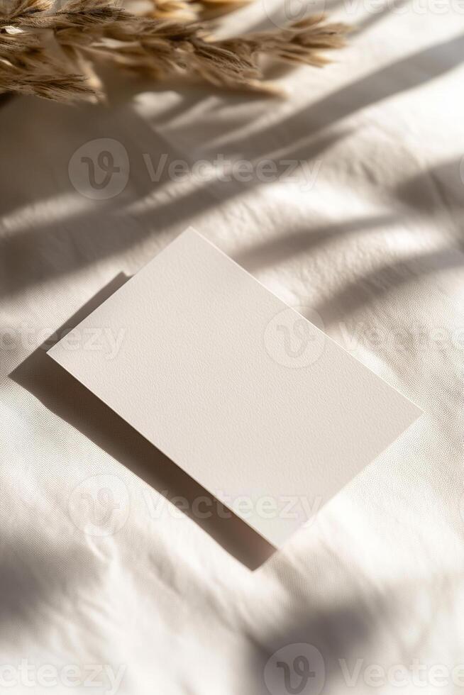 A blank business card rests on a sleek white surface, softly highlighted by natural lighting. The soft shadows and blurred background create a refined, professional appearance ideal for branding photo