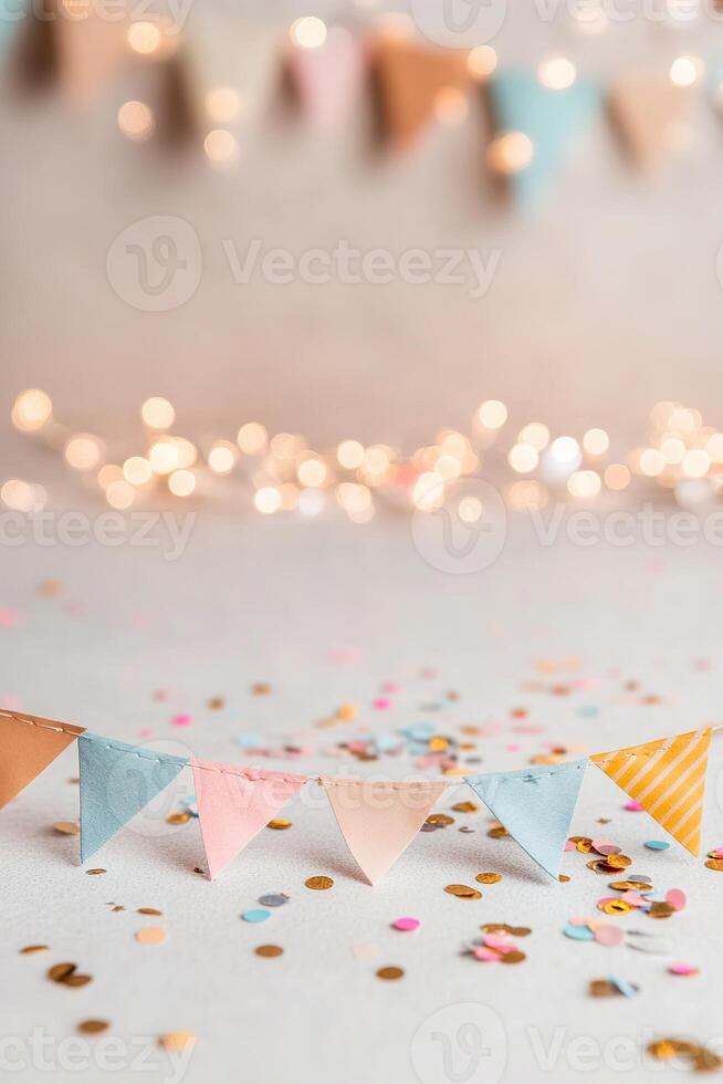 Bright bunting in pastel colors and scattered confetti enhance a cheerful environment, ideal for fairs and community celebrations. Soft lights add a festive touch, creating excitement photo