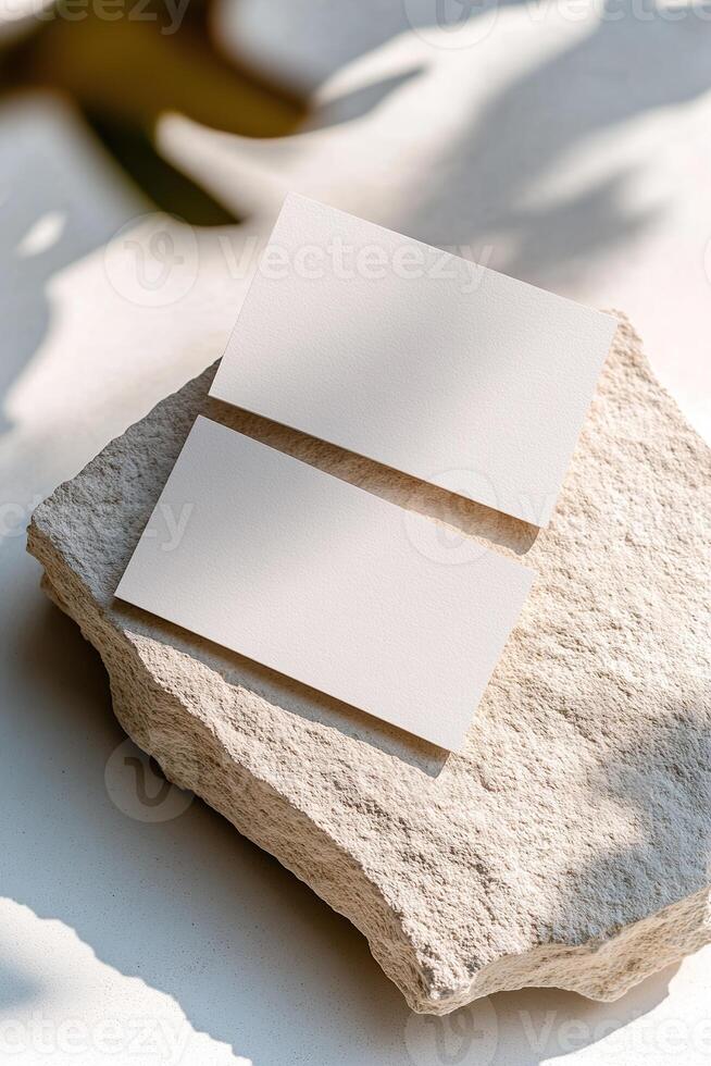 Two blank business cards rest on a textured stone slab, creating a minimalist setting. Sharp shadows and a softly blurred background enhance the modern and industrial vibe, ideal for branding photo