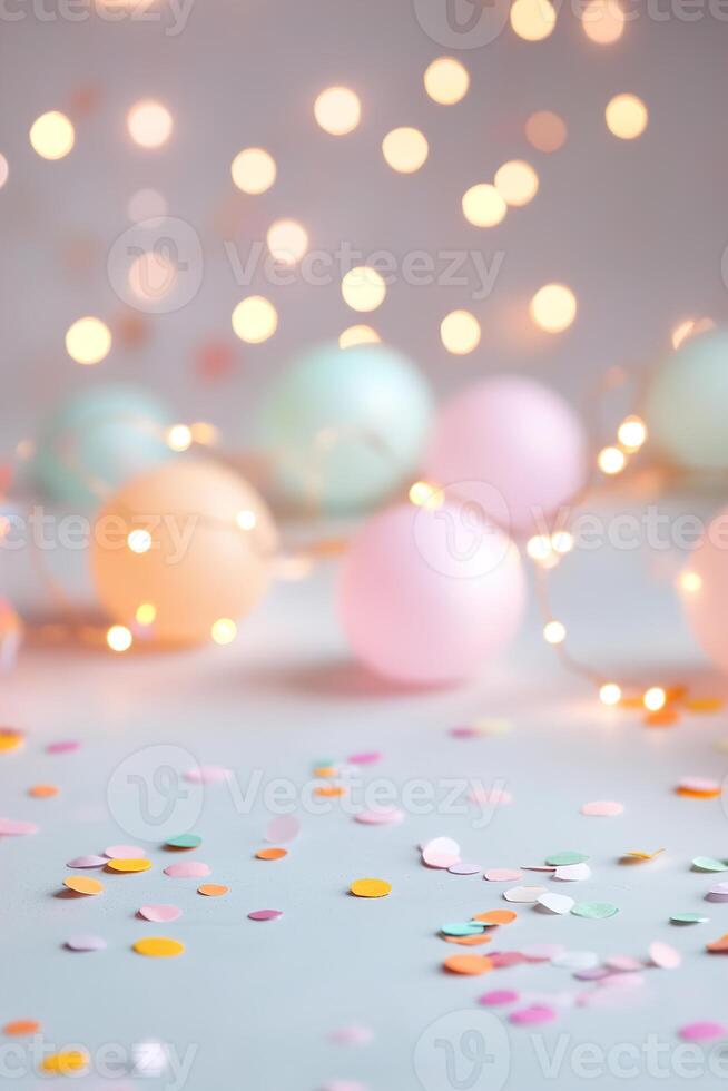 Colorful carnival bunting and glowing fairy lights decorate a light neutral background, accompanied by scattered confetti. This festive display brings joy and cheer to fairs and community gatherings photo