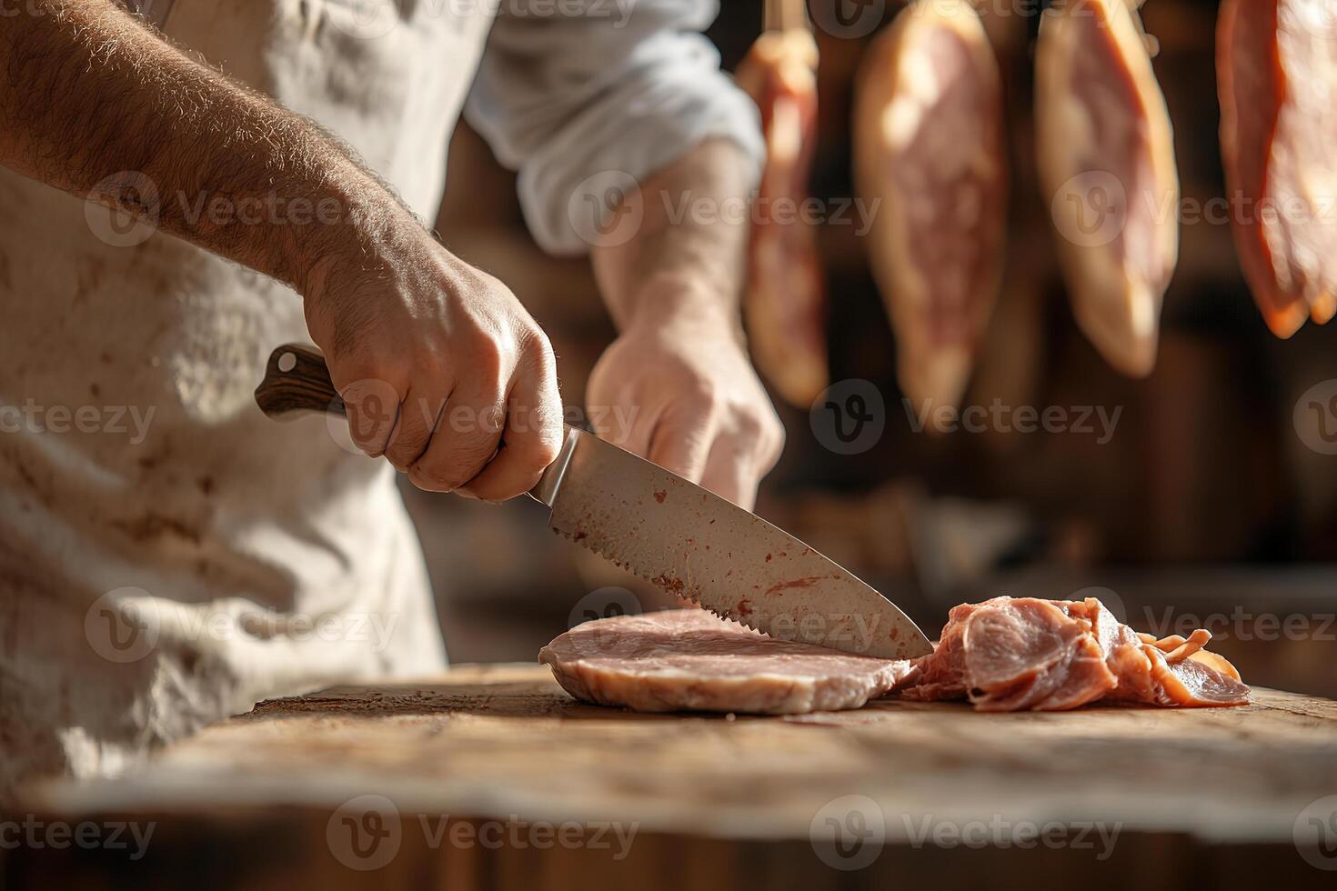 A butcher wearing a white apron meticulously slices fresh cuts of meat on a wooden block. The background features hanging cured meats, creating an artisanal atmosphere in the shop photo