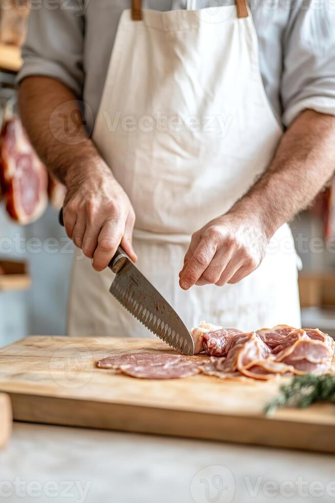 A butcher is meticulously slicing fresh meat with a sharp knife on a wooden block, surrounded by hanging cured meats in a warm, rustic shop interior that exudes craftsmanship photo