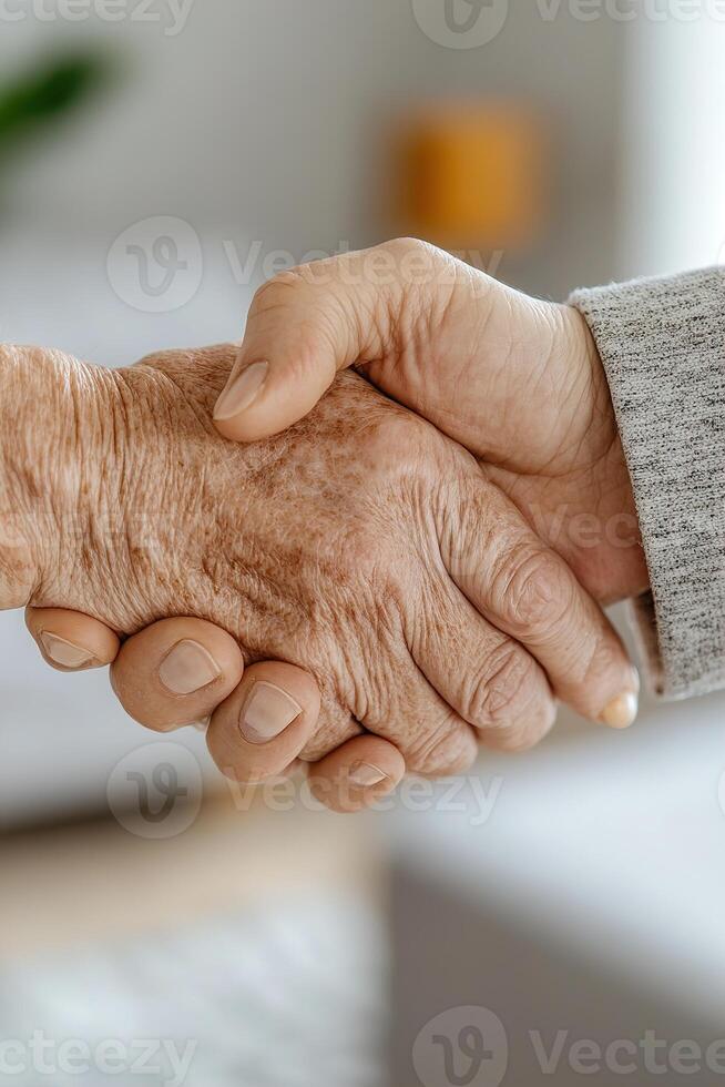 A caregiver gently holds the hand of an elderly individual, offering a warm smile in a bright and inviting home setting, creating a sense of comfort and trust photo