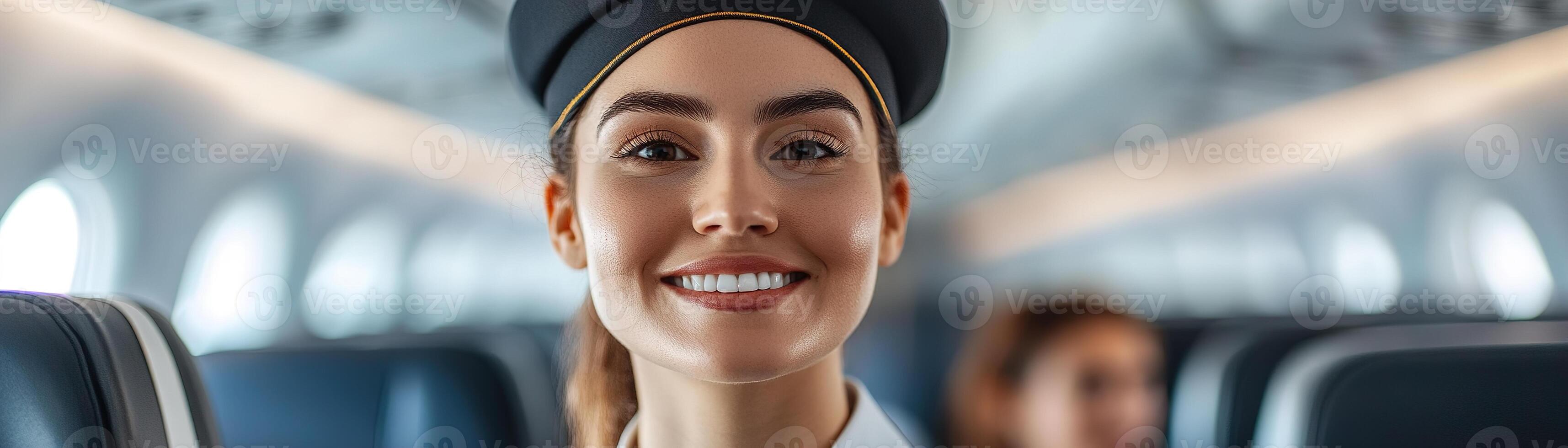A flight attendant in a stylish uniform greets passengers as they enter a modern airplane cabin, creating a warm and inviting travel experience amid soft cabin lighting photo
