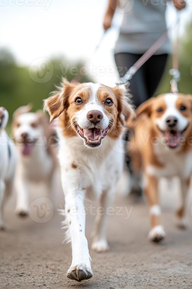 A cheerful dog walker in athletic wear leads a group of joyful dogs along a park trail. The greenery creates a warm and inviting atmosphere for pet lovers photo