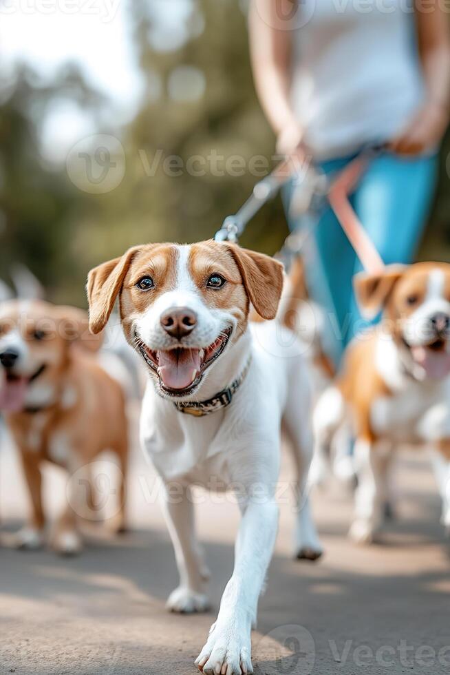 A cheerful dog walker in casual athletic wear guides a group of happy dogs through a sunny park, enjoying the vibrant greenery and warm atmosphere during a leisurely stroll photo