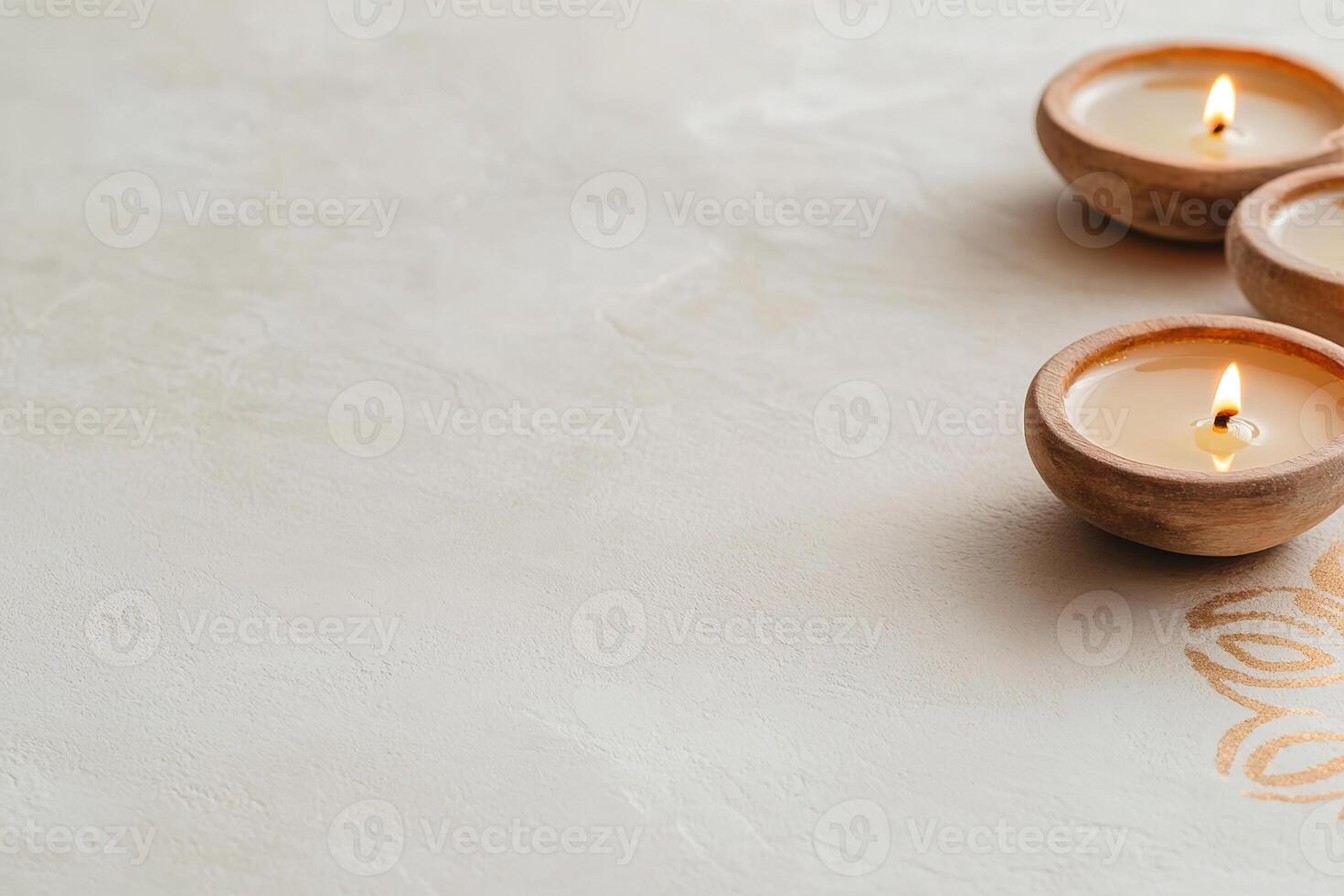 Small traditional oil lamps create a warm glow along the bottom border, complemented by delicate Rangoli designs. The neutral background adds a festive touch perfect for celebrations photo