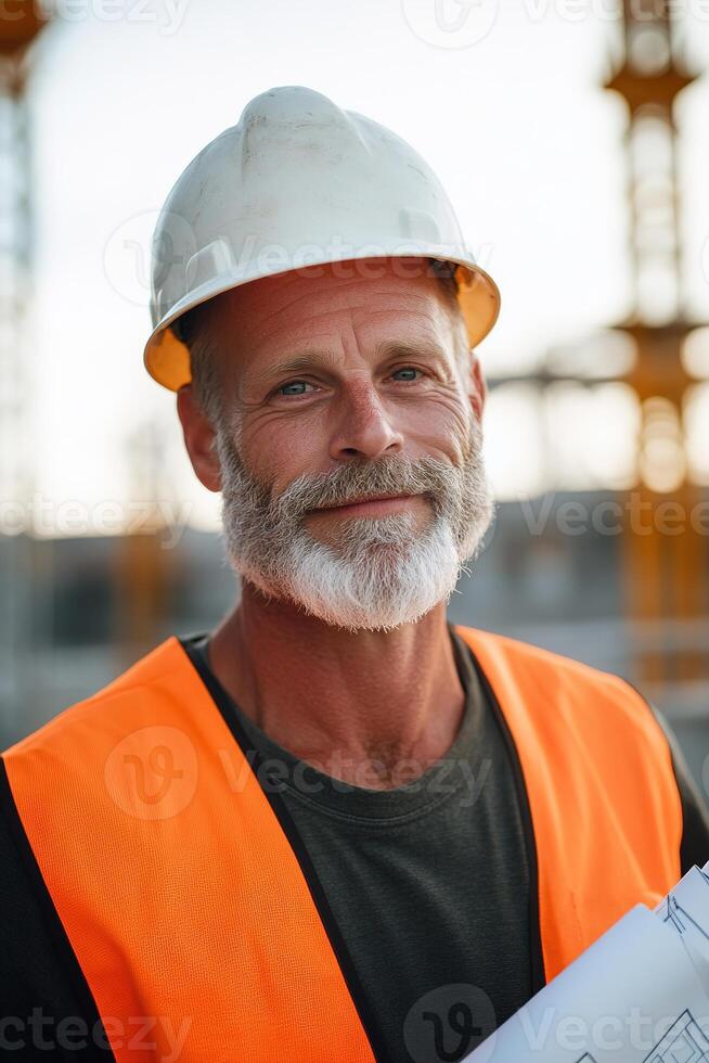 A construction worker in a hard hat and safety vest stands proudly at a construction site, holding blueprints while cranes and scaffolding rise in the background under a bright sky photo