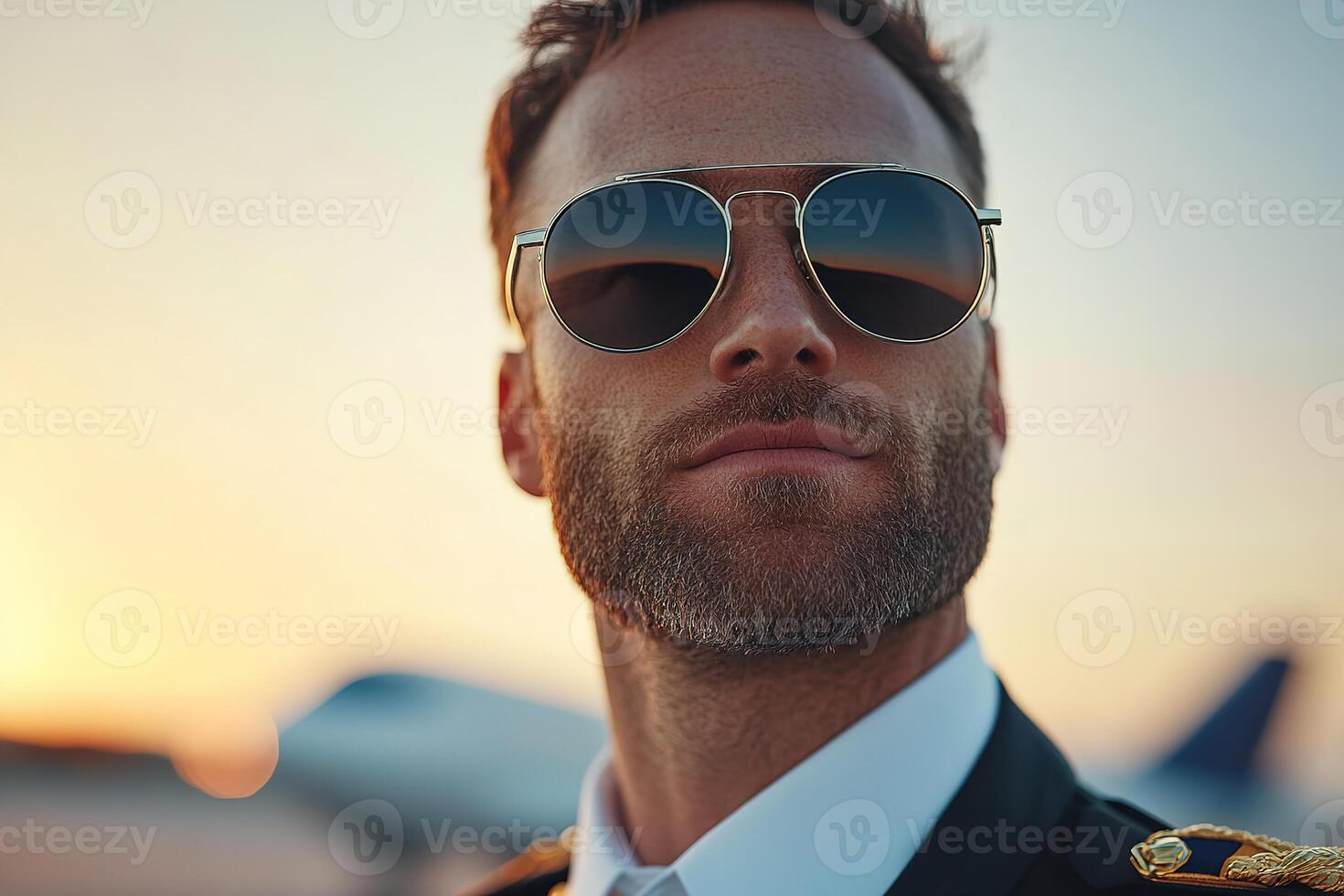 Confident airline pilot poses in crisp uniform and aviator sunglasses, showcasing professionalism and aspiration in front of a jet during a stunning sunset photo
