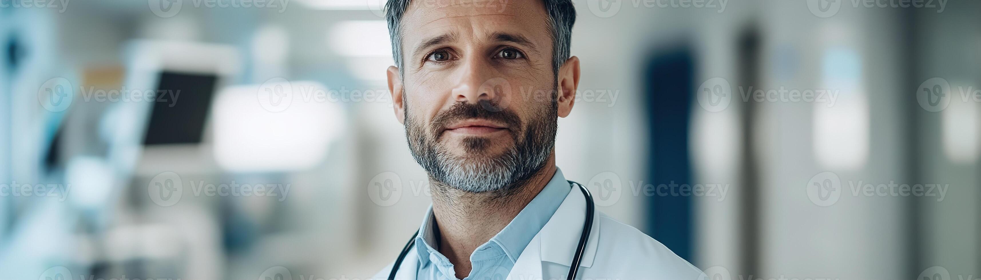 Doctor stands confidently in a bright hospital hallway, wearing a white coat and stethoscope. He smiles warmly amidst soft natural lighting and blurred medical equipment photo