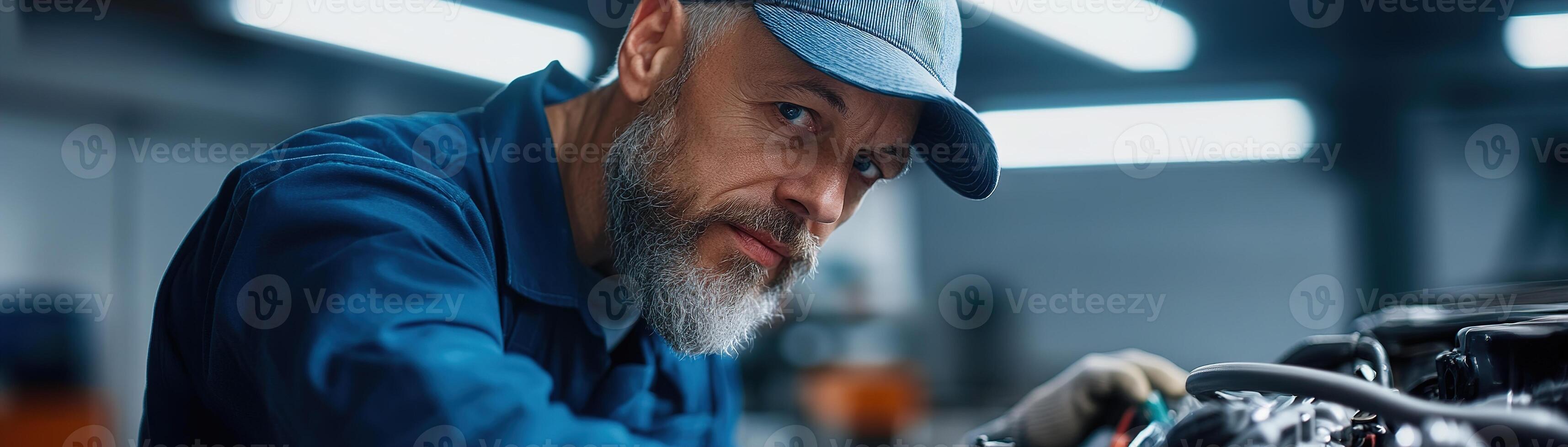 A skilled auto mechanic in blue overalls closely examines a car engine under bright workshop lights. Toolboxes and hydraulic lifts fill the softly blurred background, creating a technical atmosphere photo