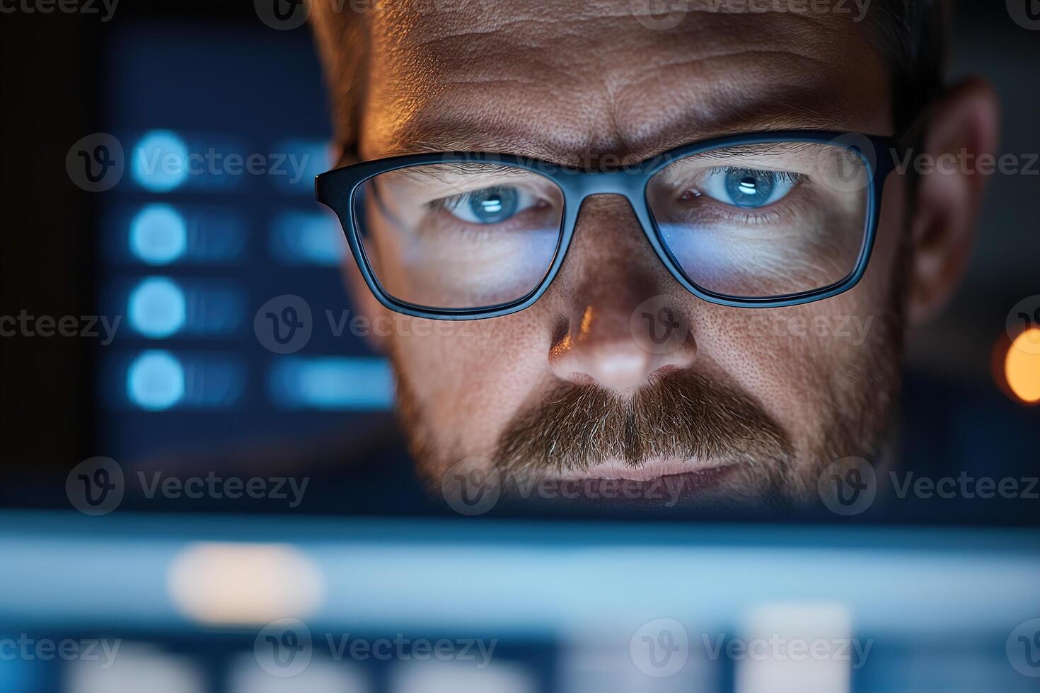 Cybersecurity expert wearing glasses deeply focused on a glowing laptop screen in a dimly lit office. The background shows graphs and encrypted data, highlighting a secure tech environment photo