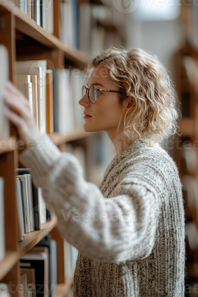 In a warmly lit library, a dedicated librarian dressed in a stylish cardigan reaches for a book on a tall wooden shelf while surrounded by neatly arranged volumes photo