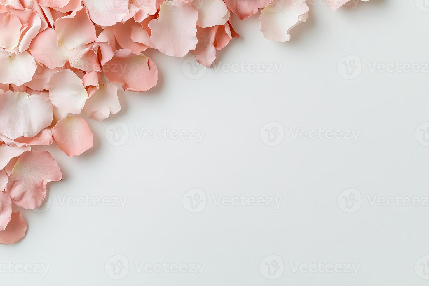Softly scattered pink and red rose petals rest against a gentle pastel backdrop, creating a dreamy atmosphere ideal for weddings and Valentine's Day celebrations photo