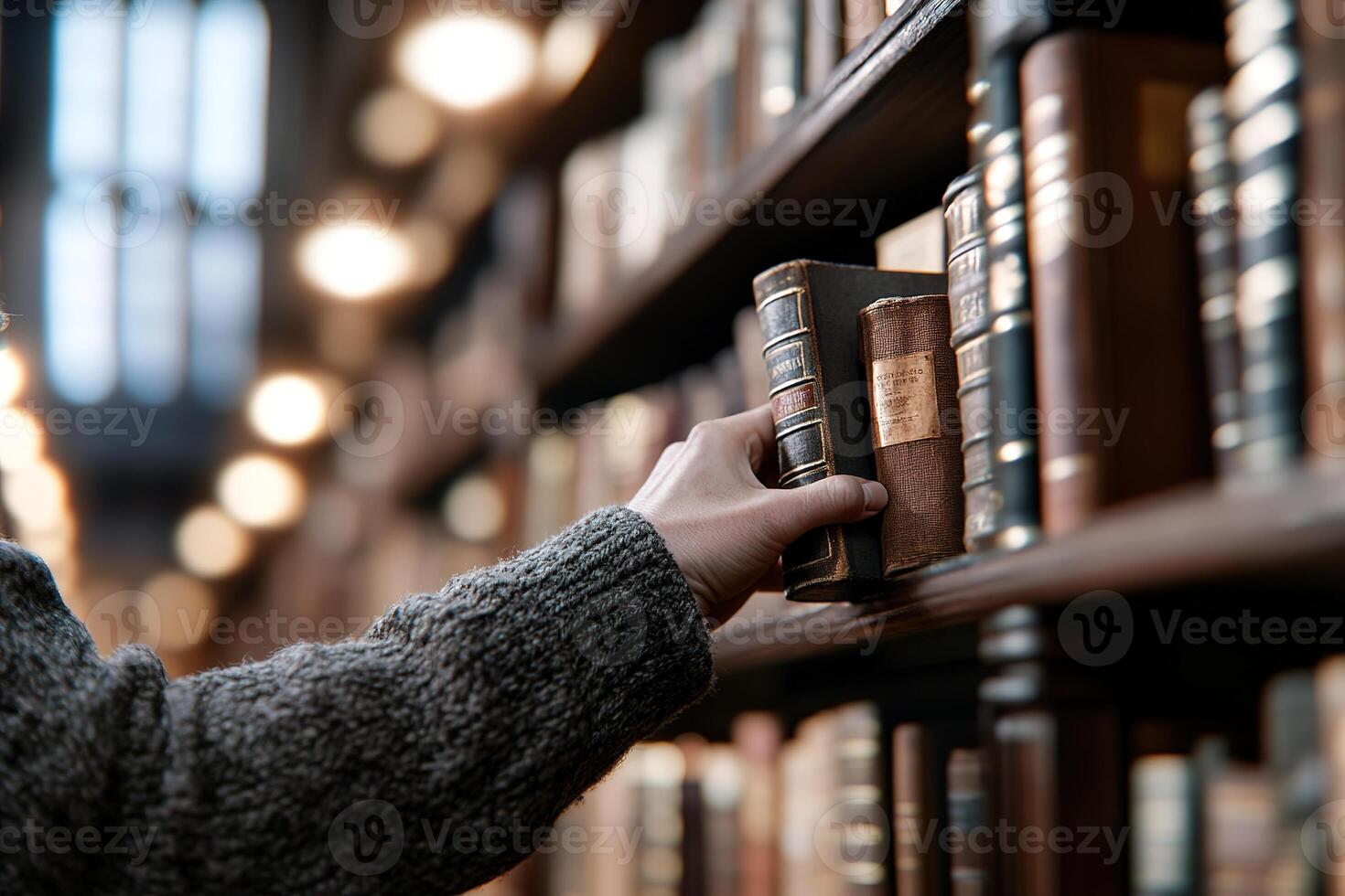 In a warmly lit library, a librarian in a stylish cardigan extends her hand to retrieve a book from a tall wooden shelf photo