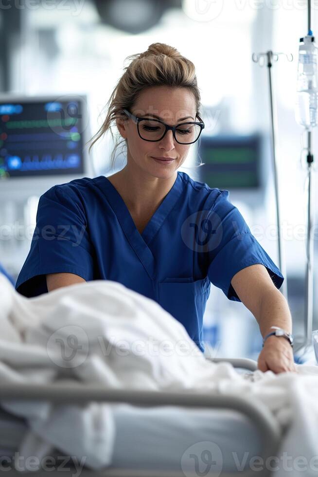 Nurse in blue scrubs adjusts a patient's blanket in a hospital bed, showcasing her caring nature. Monitors and IV drips enhance the professional healthcare environment photo
