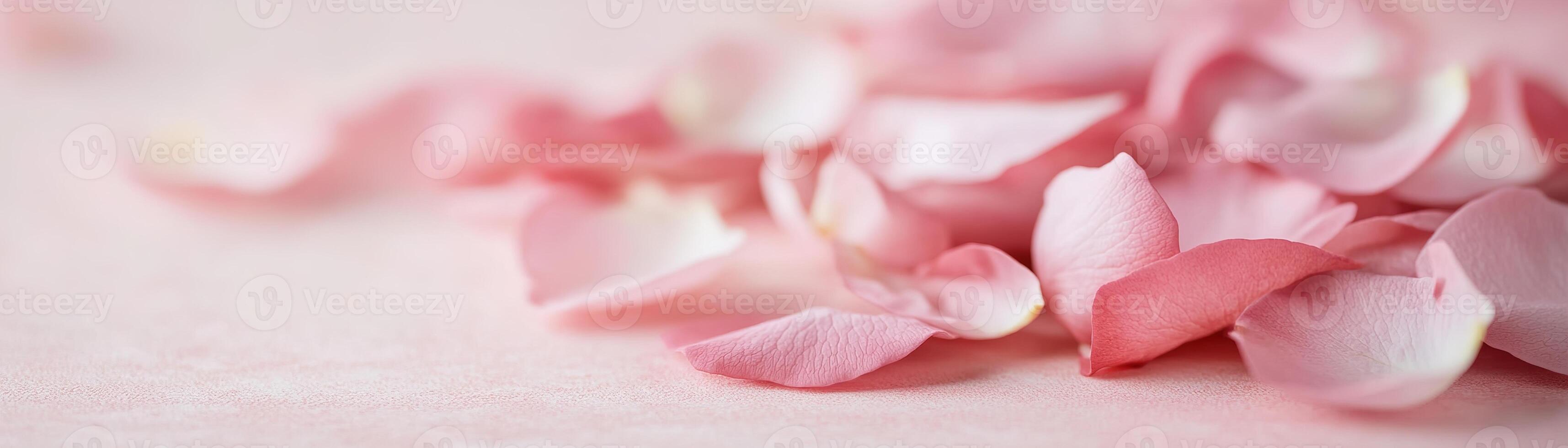Scattered pink and red rose petals lie gracefully on a smooth pastel backdrop. The soft focus creates an elegant and dreamy feel, perfect for celebrations and romantic events photo