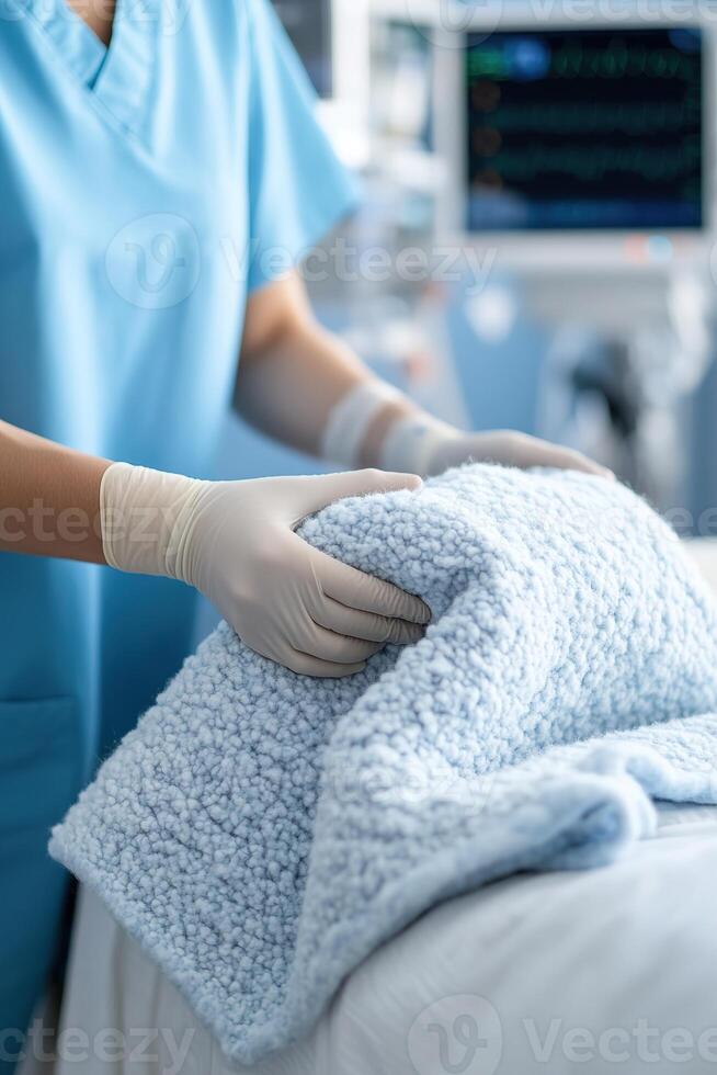 Nurse in blue scrubs gently adjusts a patient's blanket in a hospital bed, showcasing compassionate care in a clinical setting filled with monitoring equipment photo