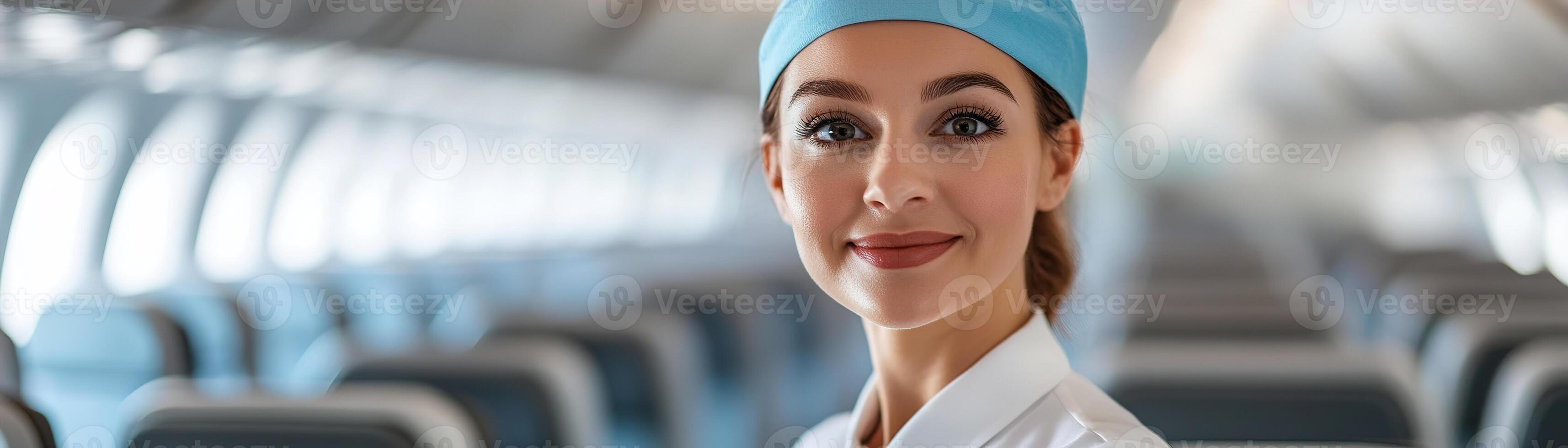 A cheerful flight attendant in a stylish uniform greets passengers entering a modern airplane cabin. The softly blurred interior creates an elegant and inviting travel experience photo