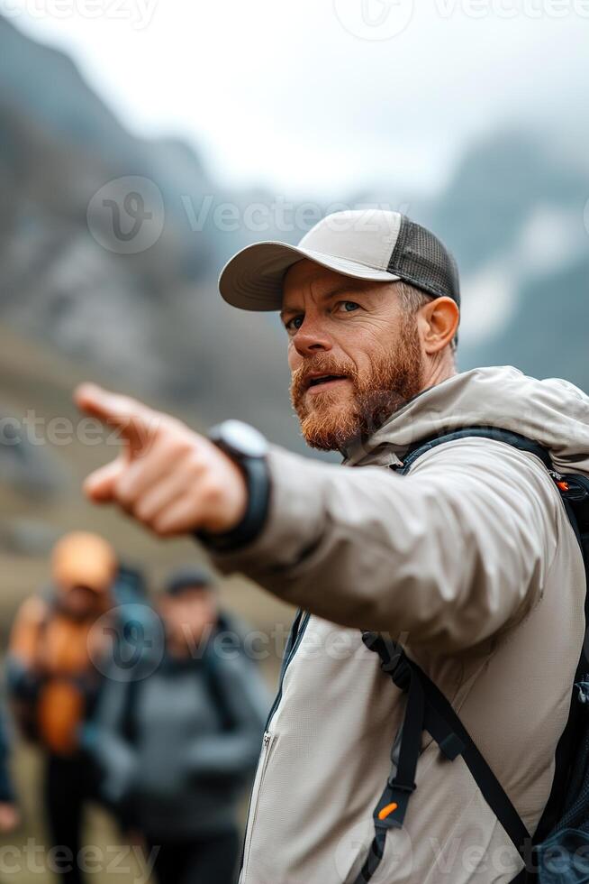 A charismatic travel guide in casual attire points towards a stunning mountain landmark while leading an eager group of tourists. The atmosphere invites adventure photo