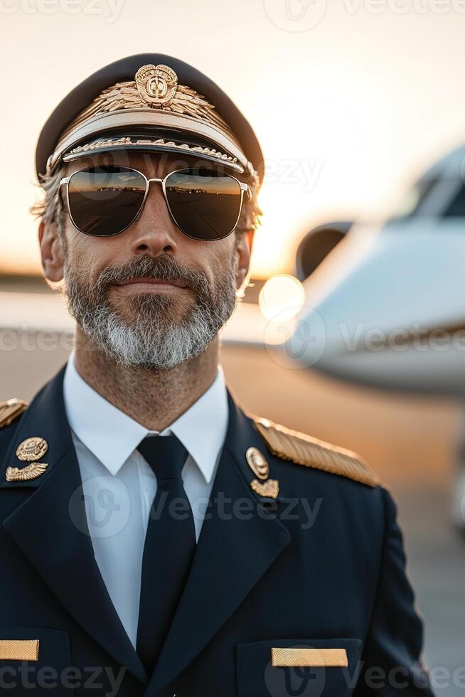 A commercial airline pilot wearing aviator sunglasses and a crisp uniform stands proudly on the runway at sunset. The glowing sky enhances the aspirational atmosphere ideal for travel promotions photo