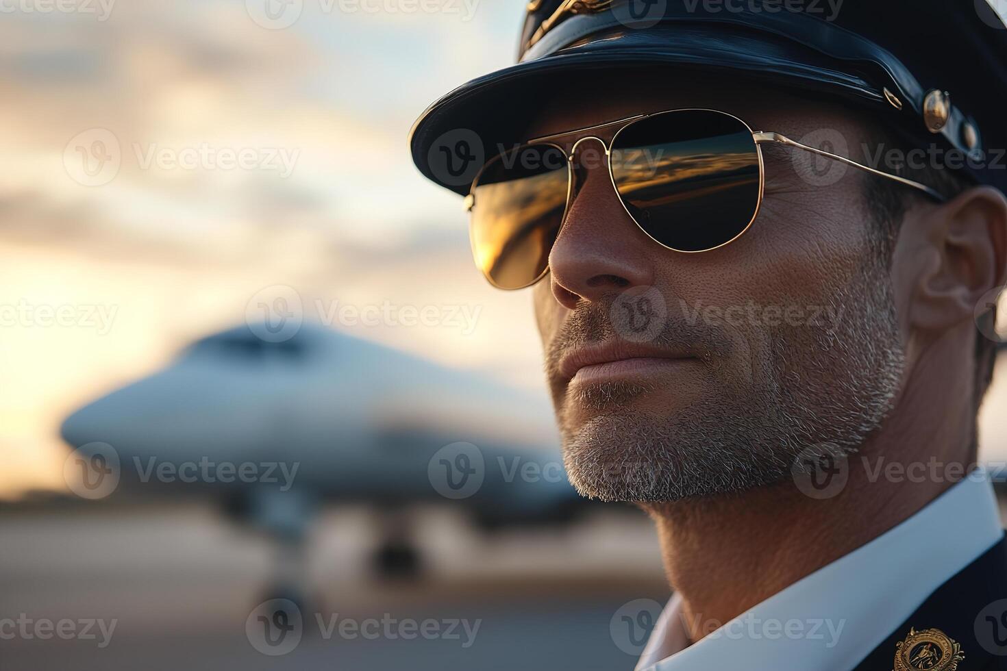A commercial airline pilot wearing a crisp uniform and aviator sunglasses stands proudly in front of a jet. The glowing sunset sky creates a powerful backdrop for this aspirational scene photo