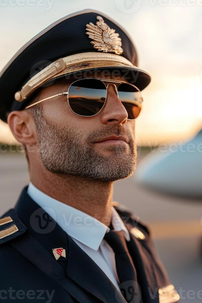 A commercial airline pilot in a crisp uniform and aviator sunglasses stands proudly in front of a jet. The glowing sunset sky creates a powerful and aspirational atmosphere perfect for travel photo