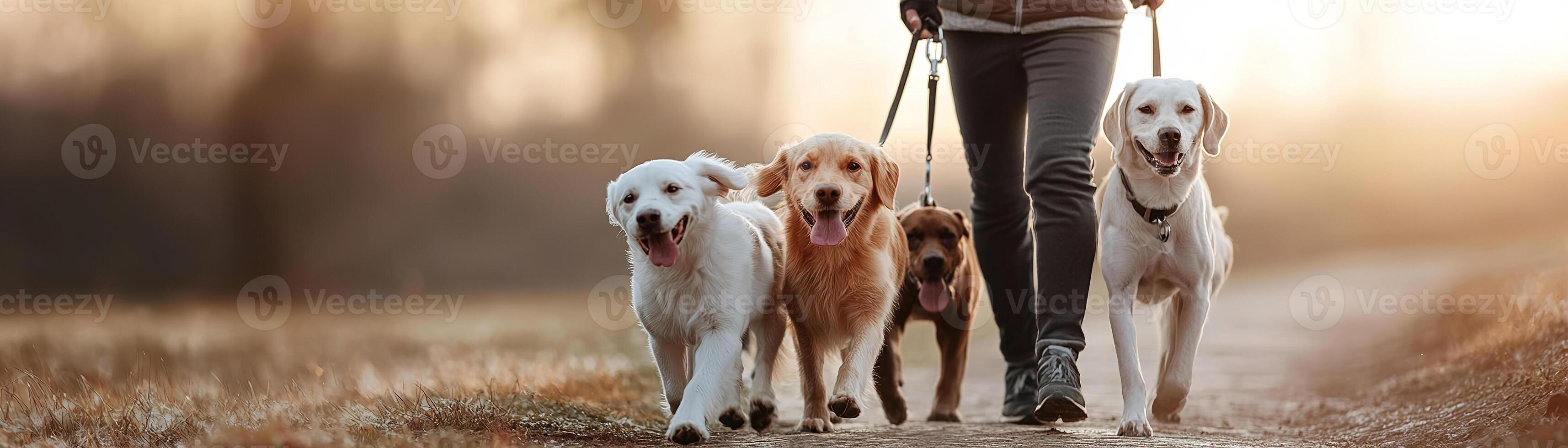 A joyful dog walker leads a group of delighted dogs on leashes through a green park. Soft sunlight creates a warm atmosphere, perfect for outdoor adventures photo