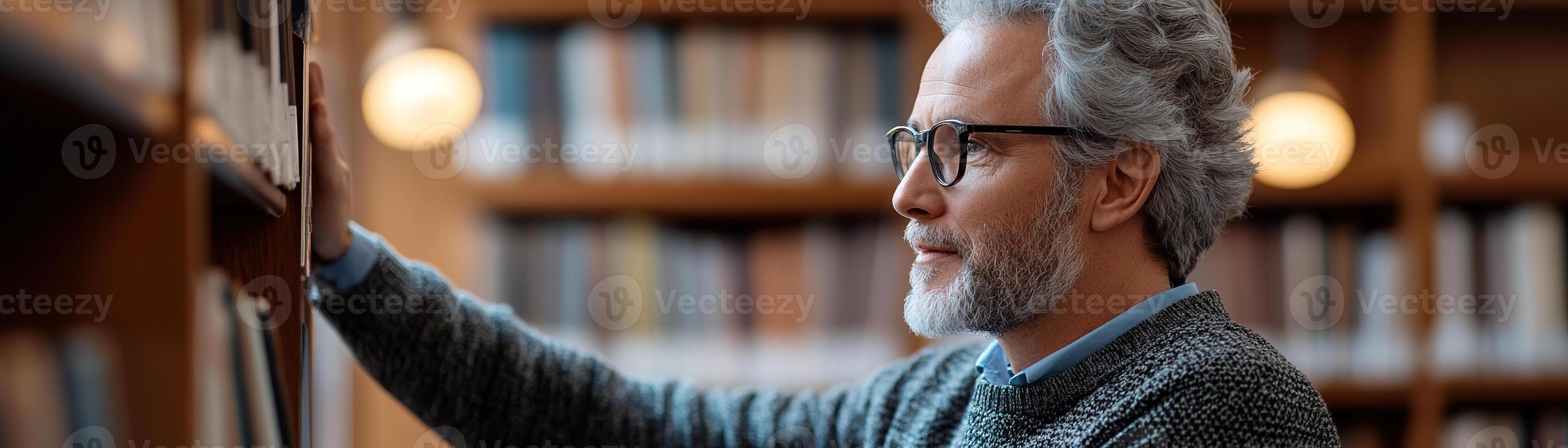 In a warmly lit library, a dedicated librarian in a stylish cardigan stretches to reach a book on a tall wooden shelf surrounded by neatly arranged volumes photo