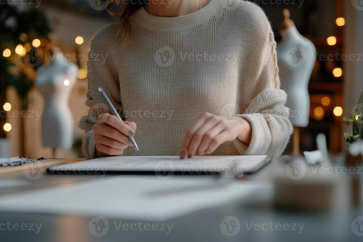 Fashion designer focuses on sketching innovative clothing designs on a tablet in a chic loft workspace filled with soft lighting and fabric swatches, engaged in the creative process photo