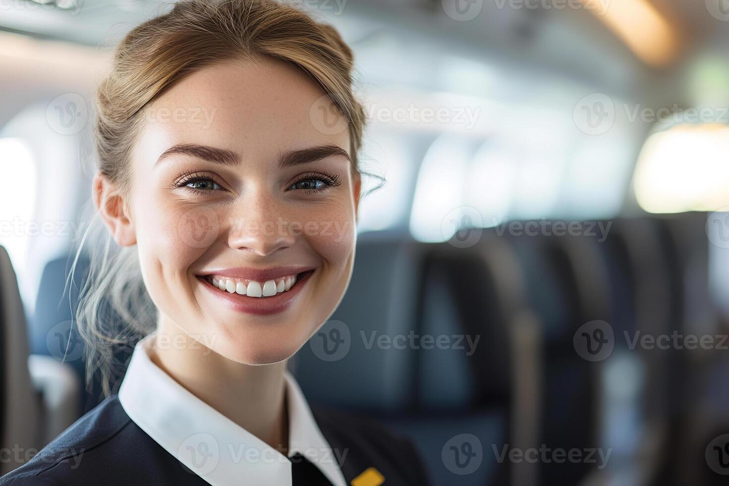 A cheerful flight attendant greets passengers with a warm smile in a modern airplane cabin featuring elegant seating and soft lighting, creating an inviting travel experience photo