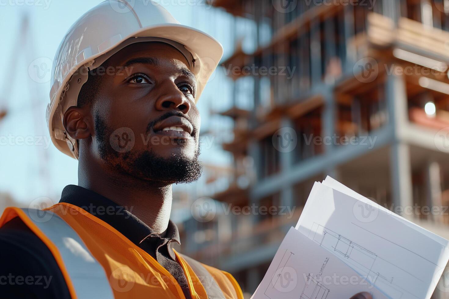 Construction worker stands confidently at a busy site, wearing a hard hat and safety vest. He holds blueprints while cranes and scaffolding create a dynamic backdrop photo