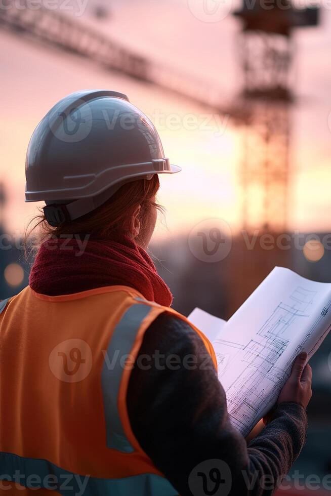 On a bright day, a construction worker stands confidently at the construction site, holding blueprints while towering cranes rise in the softly blurred background, symbolizing progress photo