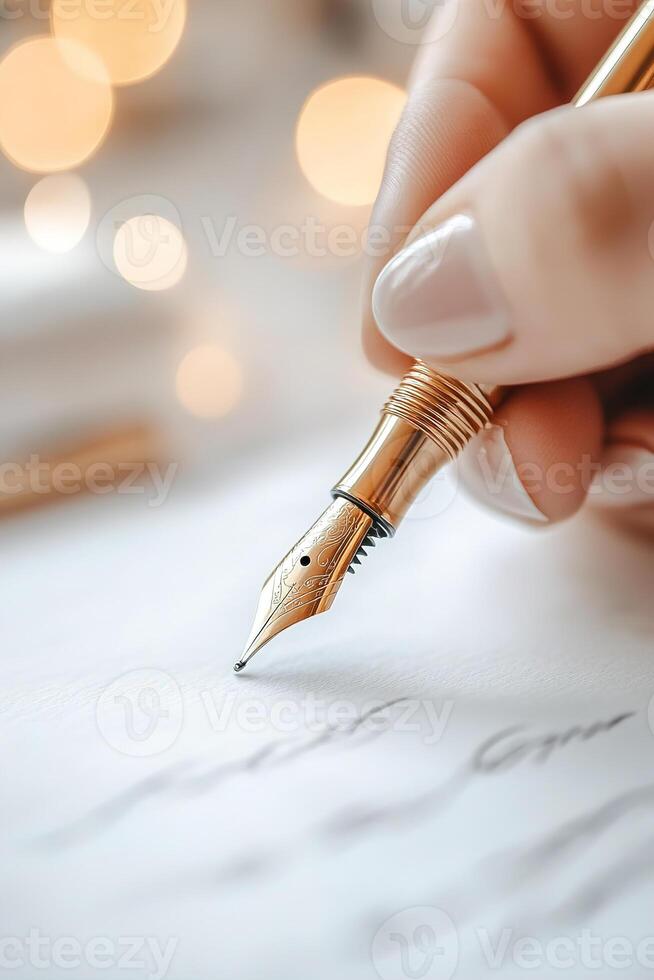 A calligrapher focuses on crafting beautiful letters with a fountain pen on high-quality paper, surrounded by elegant stationery in softly blurred warm lighting photo