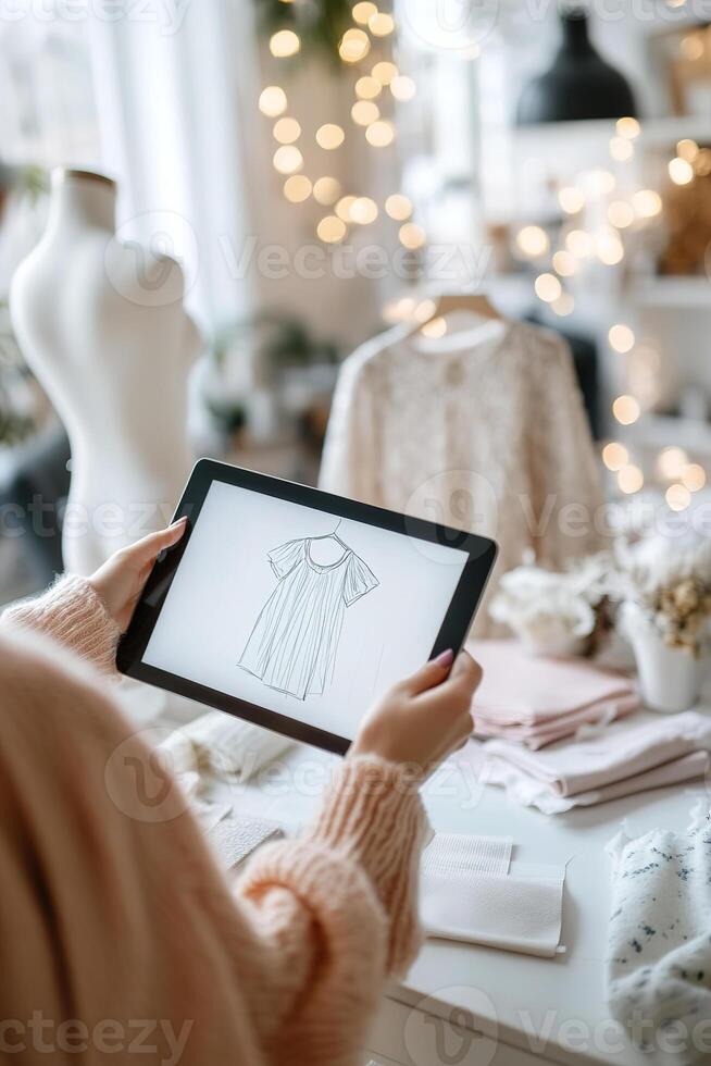 A fashion designer captures inspiration on a tablet, sketching clothing designs while seated in a chic loft filled with fabric swatches and elegant lighting. The atmosphere encourages creativity photo