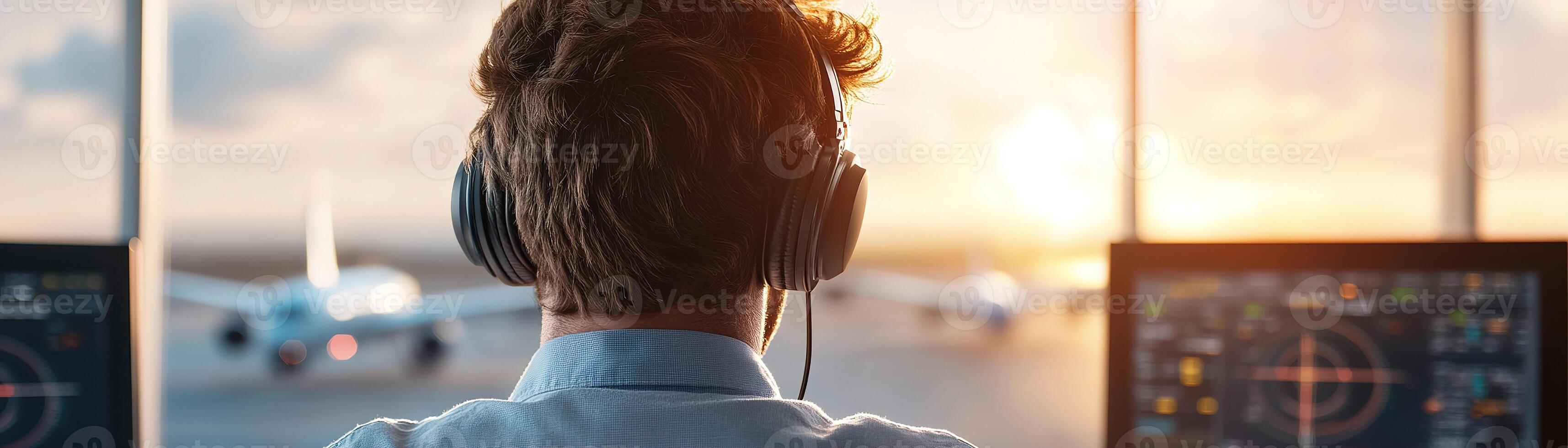 Flight controller, wearing a headset, attentively monitors multiple radar screens in a modern control tower while overseeing planes taxiing in the background as the sun sets photo