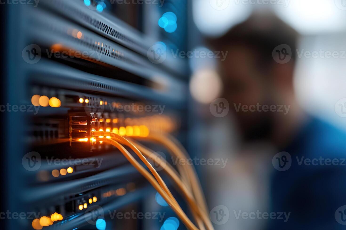Focused IT technician works in a high-tech data center, carefully adjusting cables on a glowing blue server rack while surrounded by advanced network hardware photo