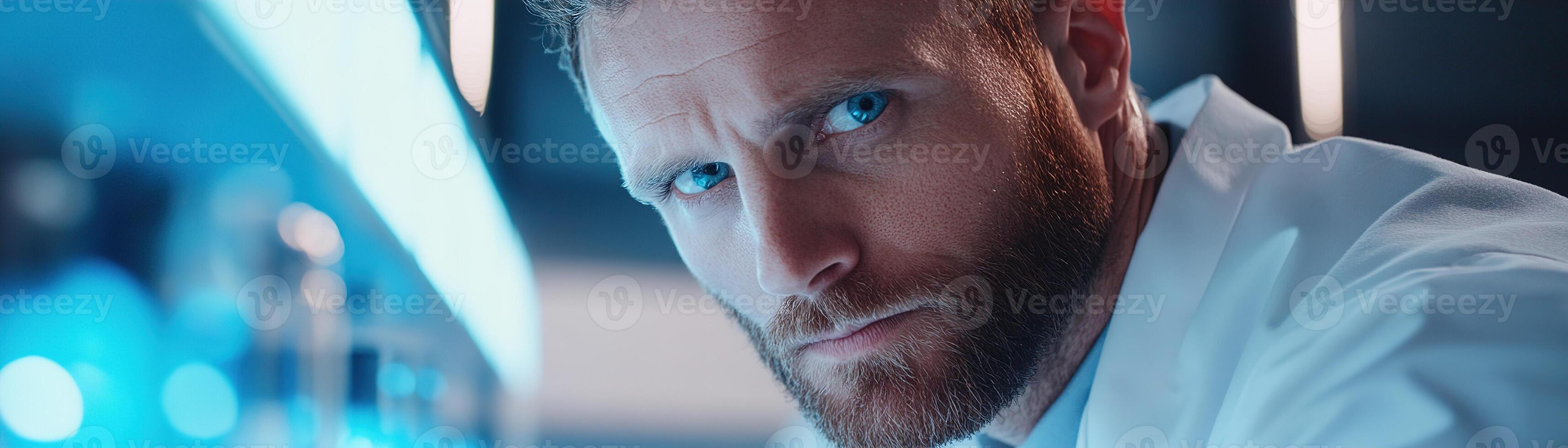 Scientist in a white lab coat closely investigates a luminous blue liquid in a test tube, surrounded by sophisticated lab equipment and softly glowing LED panels photo