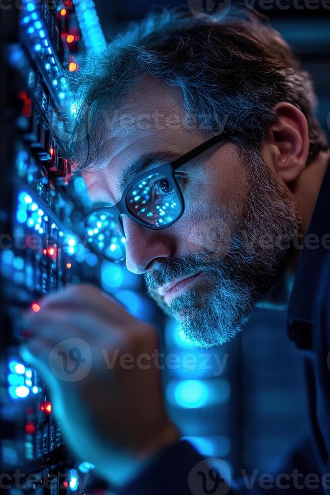IT technician meticulously adjusts cables on an illuminated server rack while surrounded by advanced network equipment, showcasing expertise in technical operations during evening hours photo