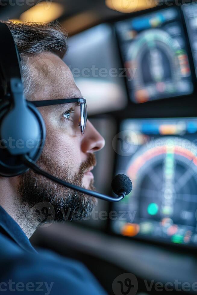 Close attention is given by the flight controller as he operates radar screens in a modern air traffic control tower while coordinating the movement of aircraft photo