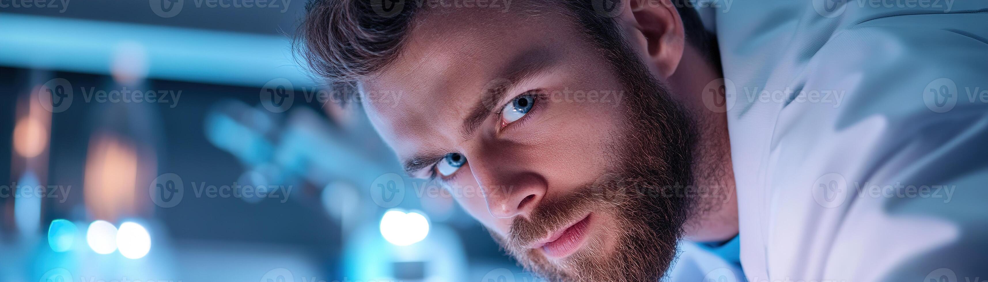 A scientist in a white lab coat inspects a glowing blue liquid in a test tube, surrounded by advanced equipment and soft LED lighting, capturing a moment of scientific discovery photo