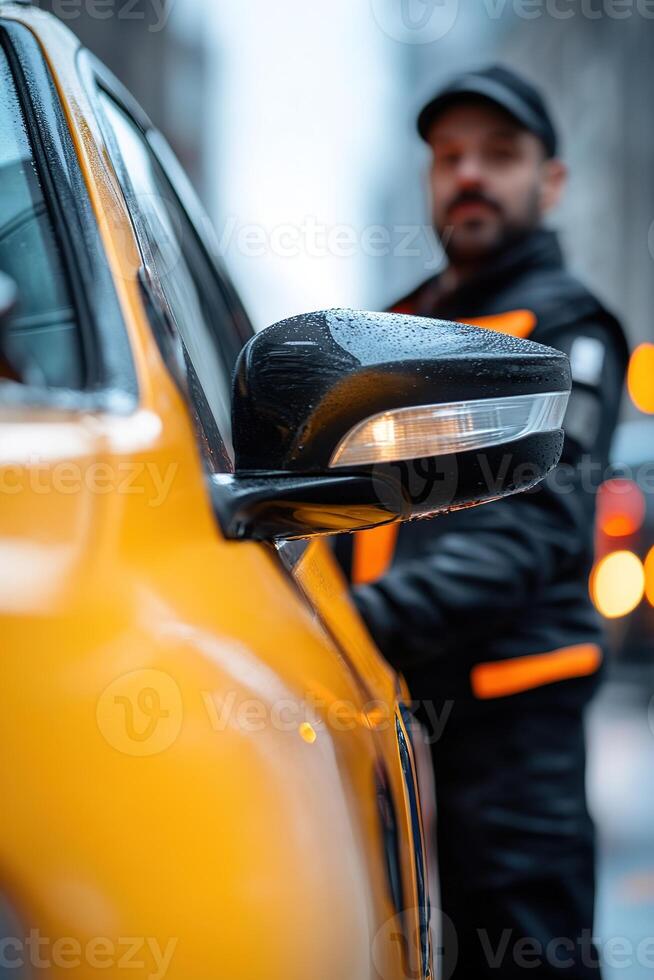 A professional taxi driver in uniform stands next to a bright yellow taxi with an open door, welcoming passengers in a bustling city setting. The background shows a lively street scene photo